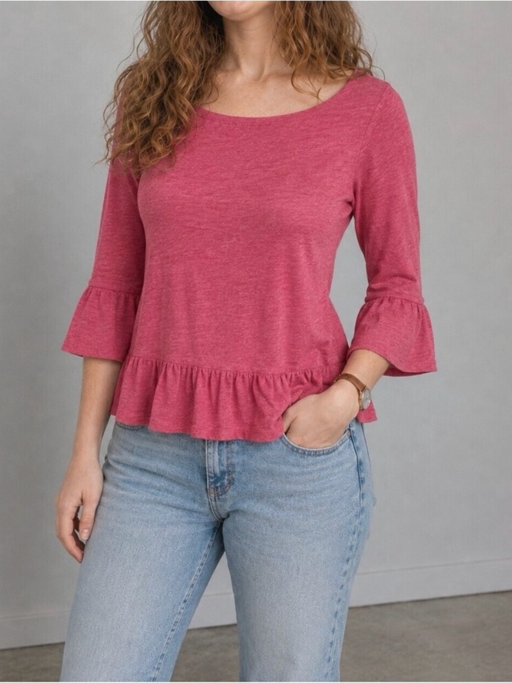 Boden Pink Linen Ruffle Blouse Top Womens Small
